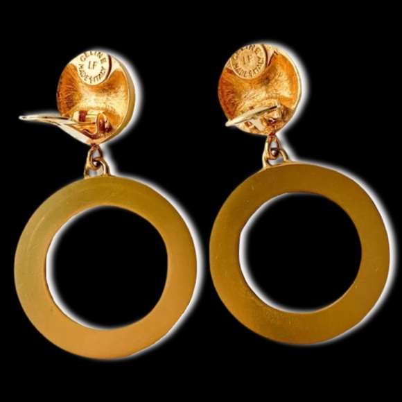 CELINE Paris Vintage XL Gold & Black Logo Drop Hoop RARE Clip On Earrings - Picture 3 of 5